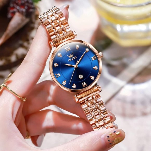 Women Rose Gold Stainless Steel Band Blue Dial Quartz Small Face Watch main image 7